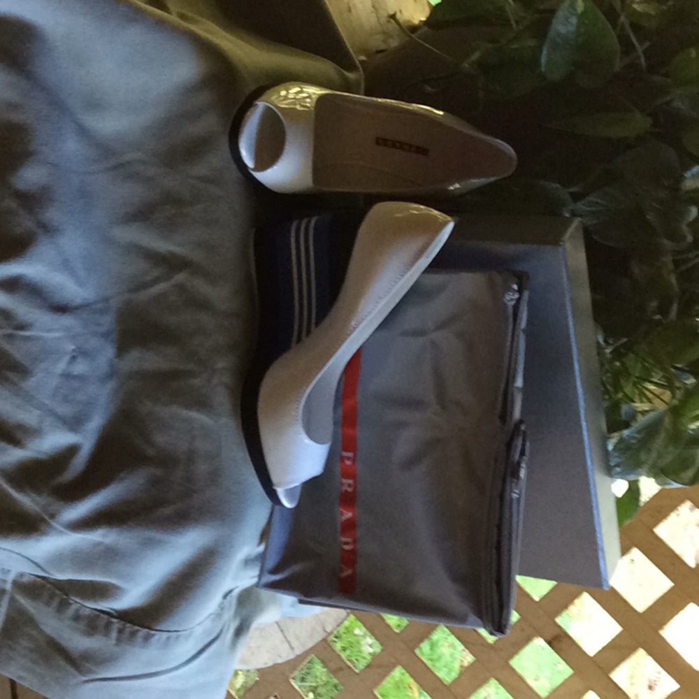 Prada white patent leather wedge pump